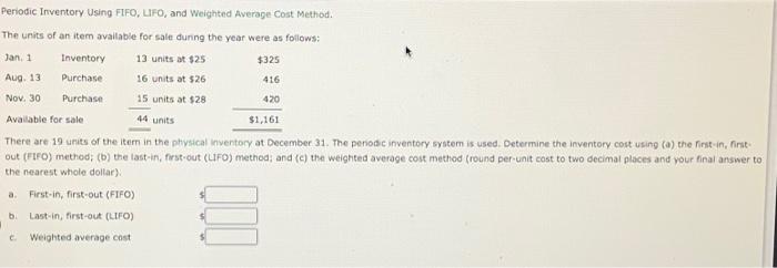  Periodic Inventory Using FIFO, LIFO, and Weighted Average Cost Method. The