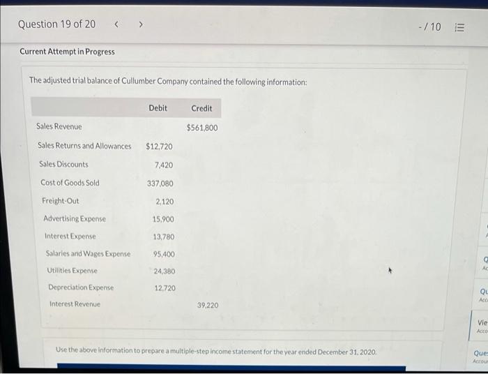  Question 19 of 20 -/10 E Current Attempt in Progress The