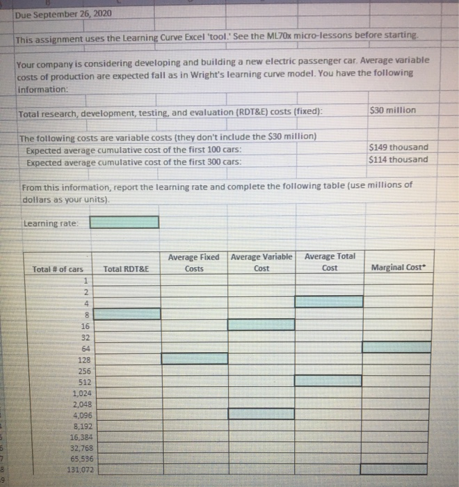  Due September 26, 2020 This assignment uses the Learning Curve Excel
