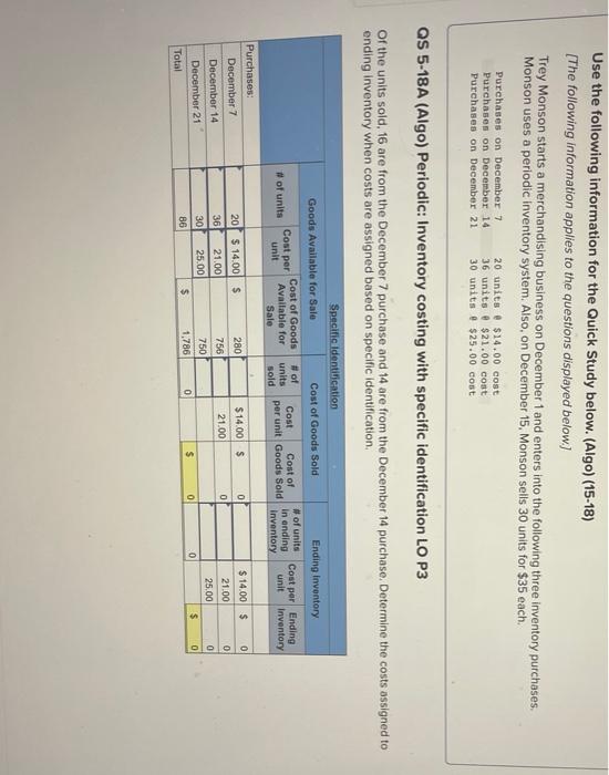 question attached Use the following information for the Quick Study below. (Algo)