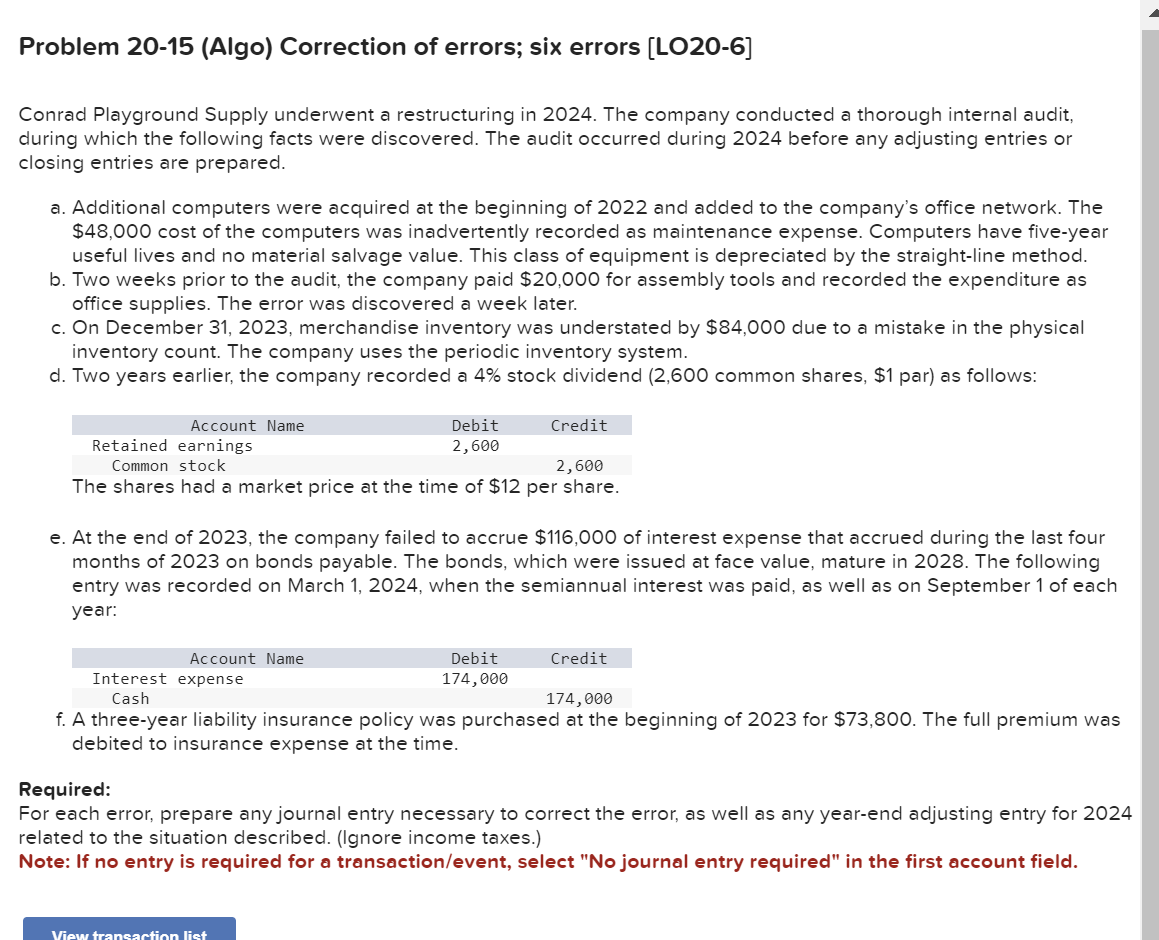  Problem 20-15(Algo) Correction of errors; six errors [LO2O-6]1 Record entry necessary