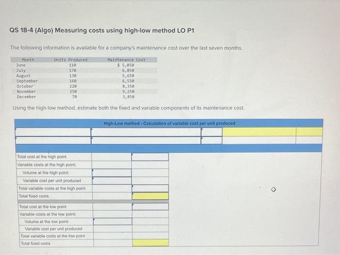 need help please. QS 18-4 (Algo) Measuring costs using high-low method LO