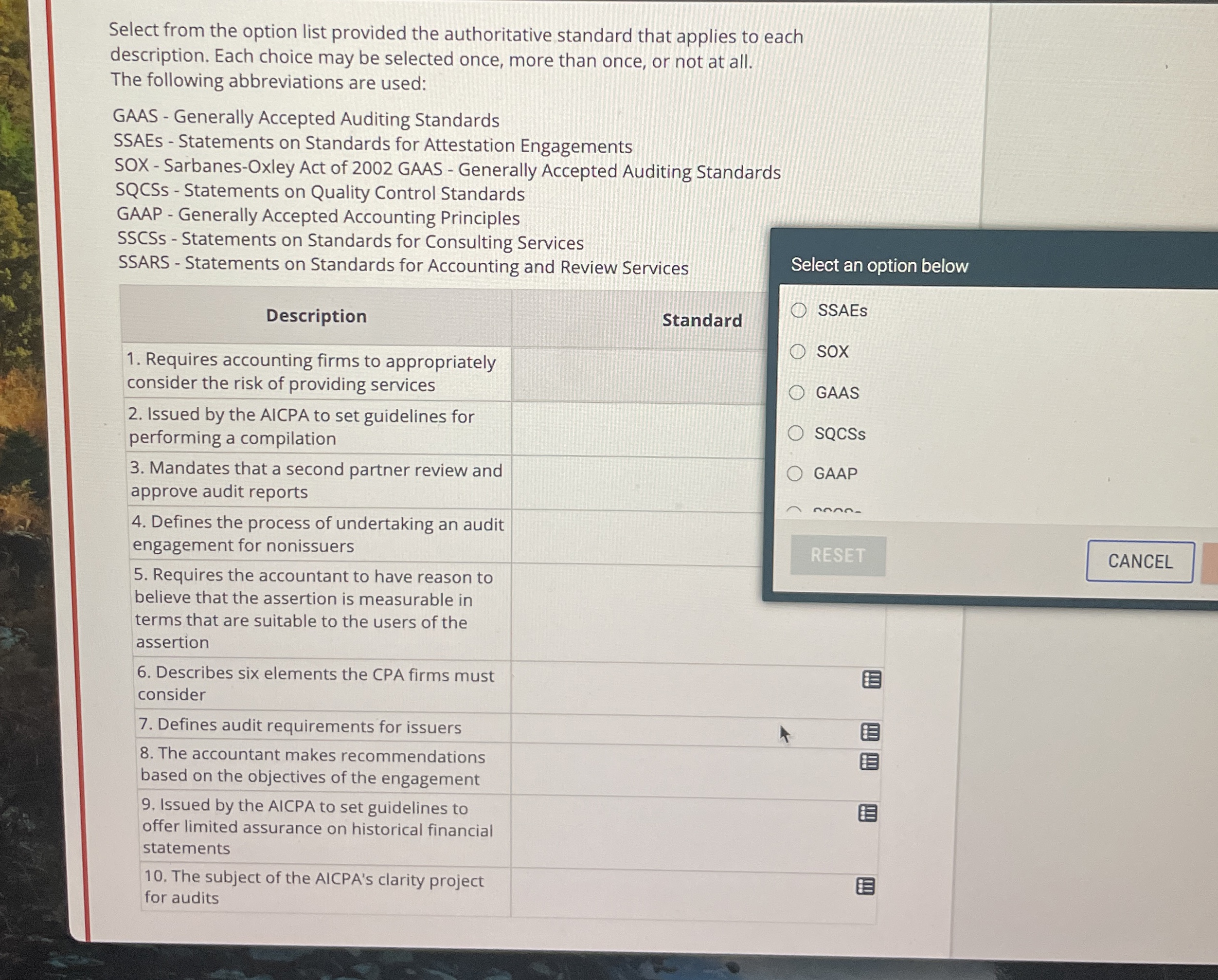  Select from the option list provided the authoritative standard that applies