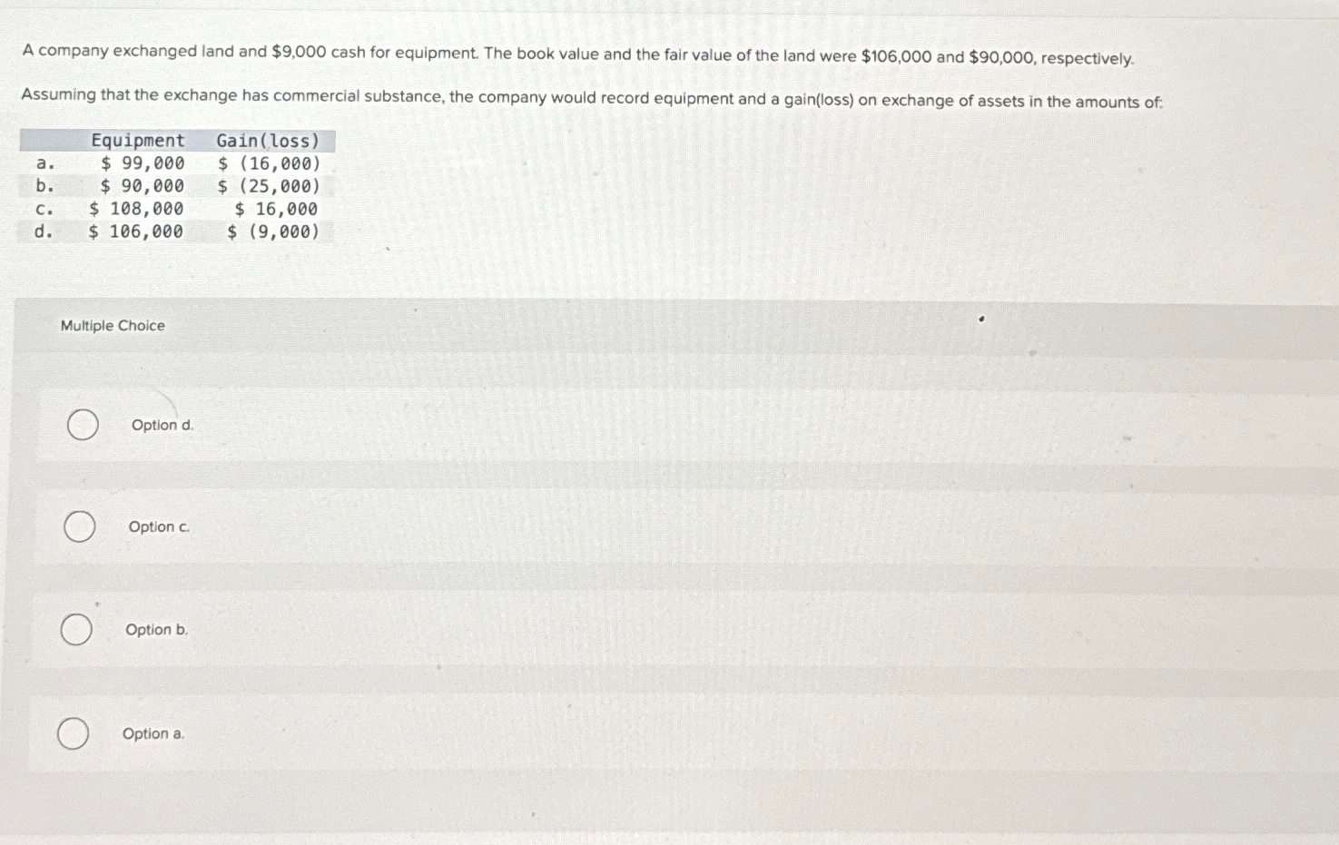  A company exchanged land and $9,000 cash for equipment. The book