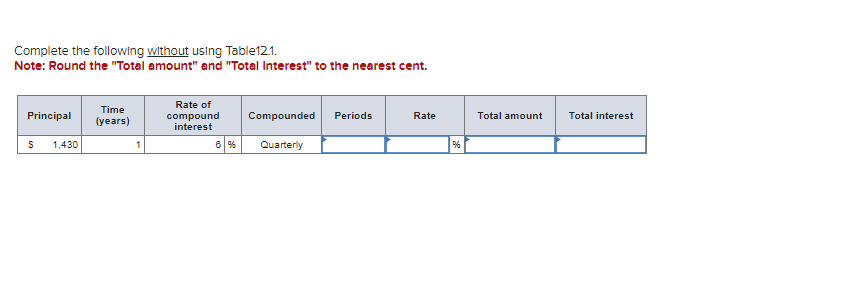  Complete the following without using Table121. Note: Round the "Total amount"