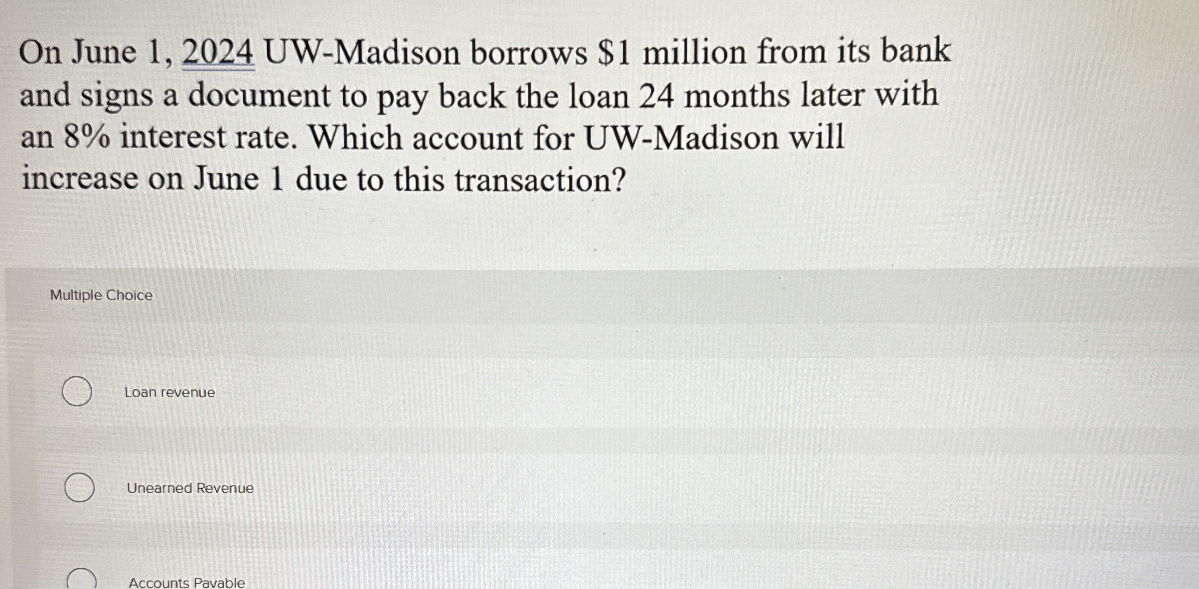  On June 1,2024 UW-Madison borrows $1 million from its bank and