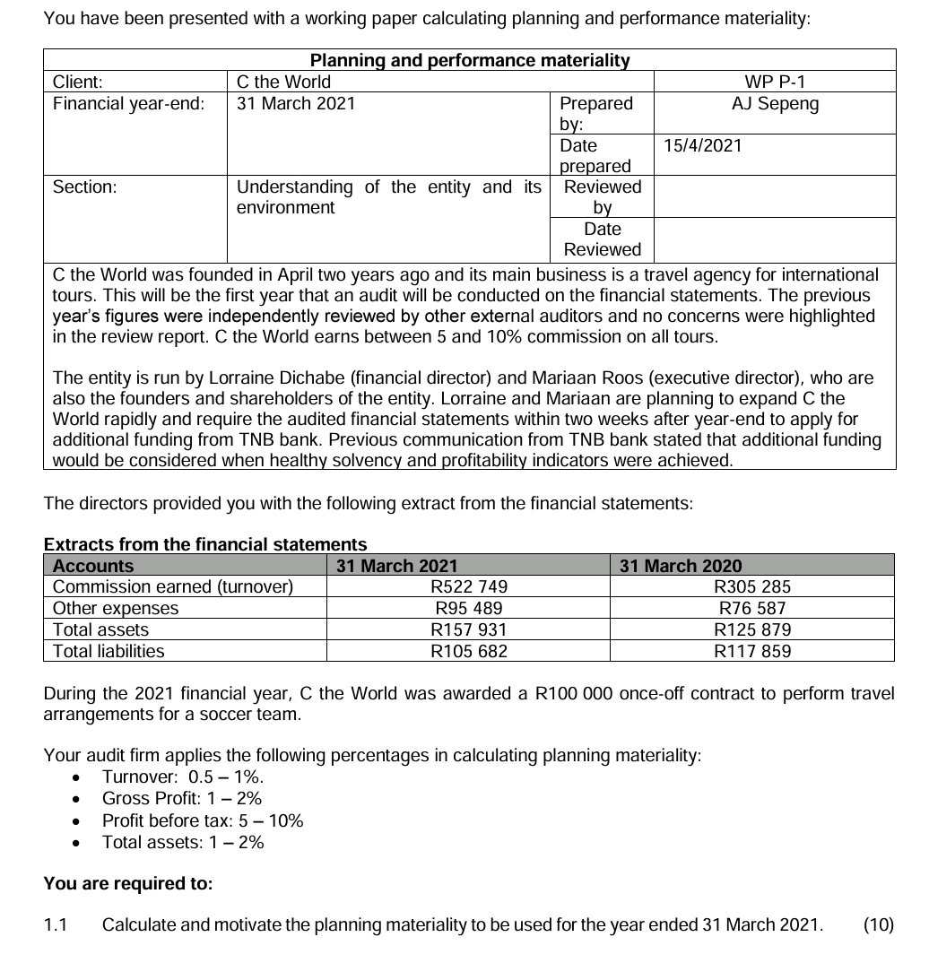  You have been presented with a working paper calculating planning and