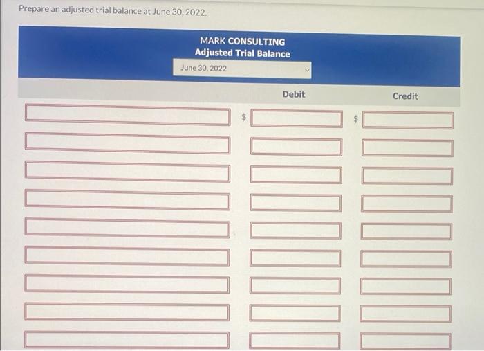 30 is as follows. MARK CONSULTING Trial Balance June 30, 2022 Debit