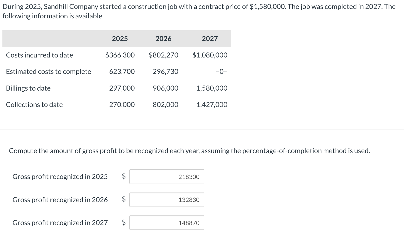  During 2025, Sandhill Company started a construction job with a contract
