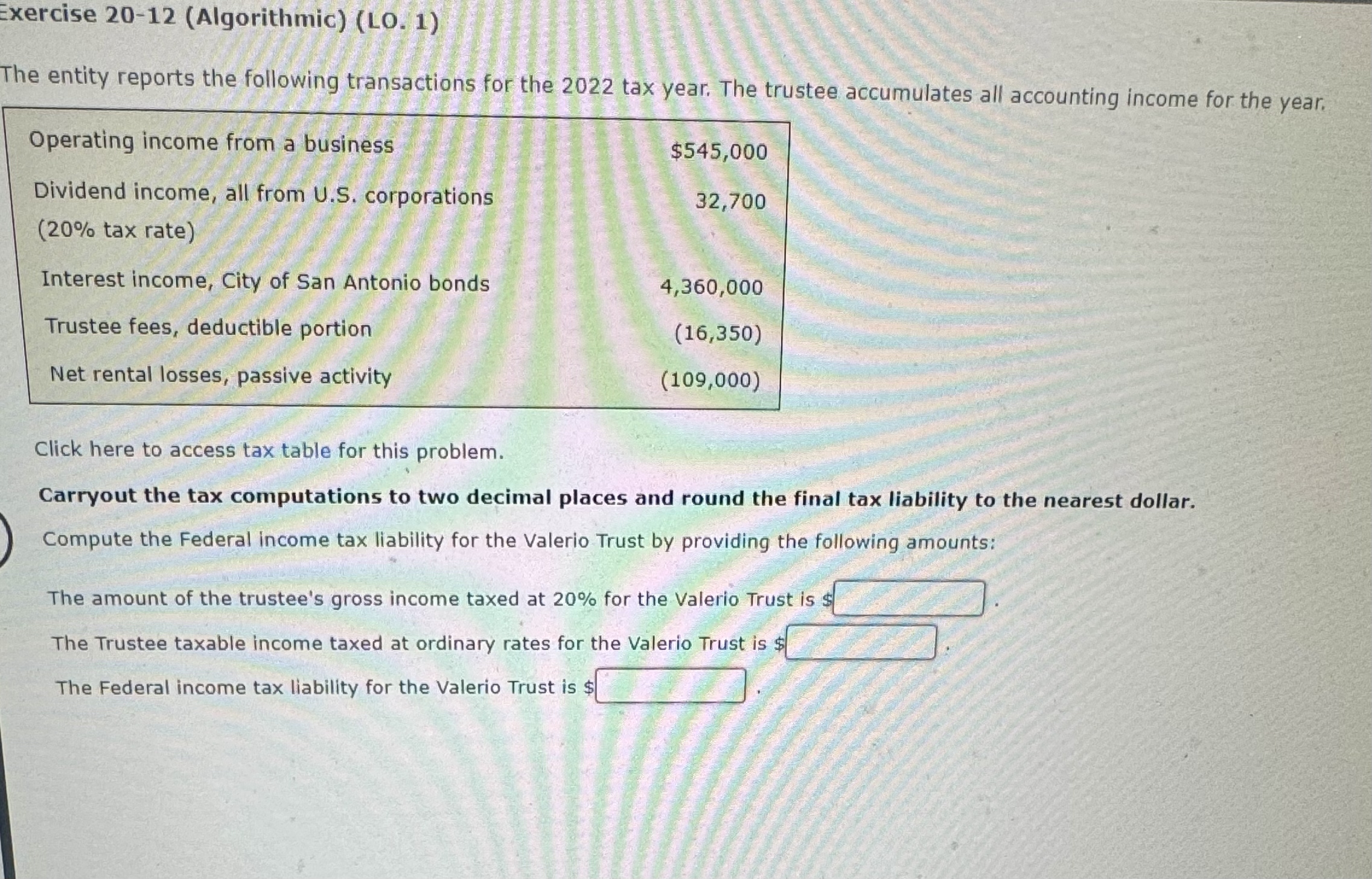  Exercise 20-12(Algorithmic)(LO.1) The entity reports the following transactions for the 2022