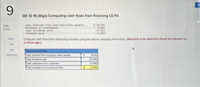  QS 12-16 (Algo) Computing cash flows from financing LO P3 Compute