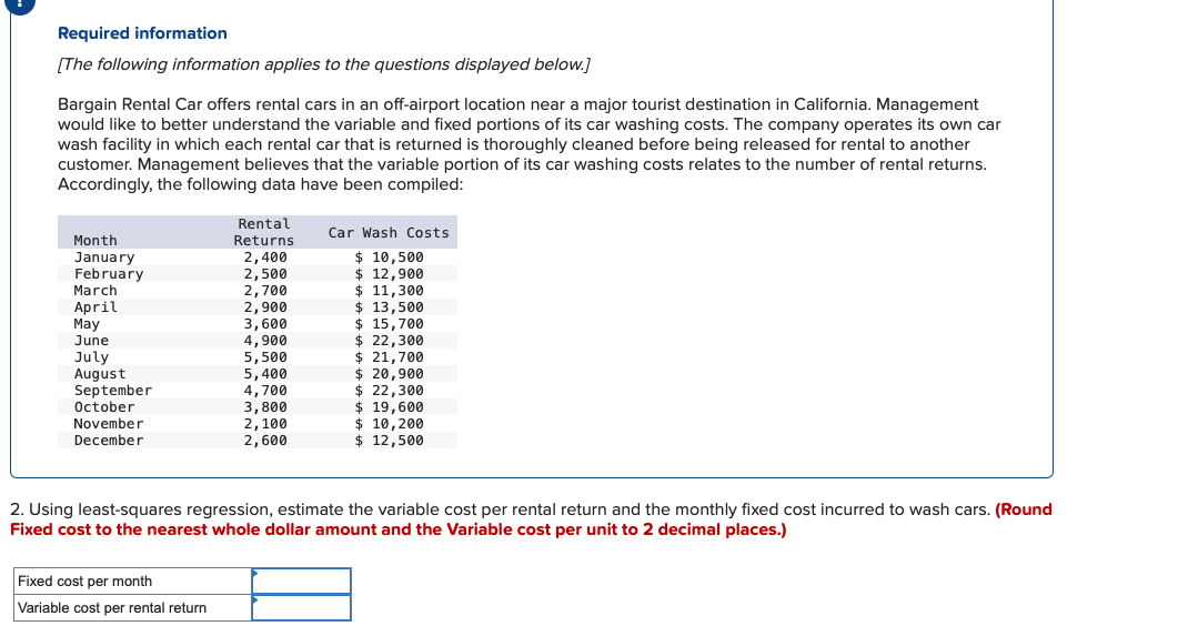 Using least-squares regression, estimate the variable cost per rental return and the