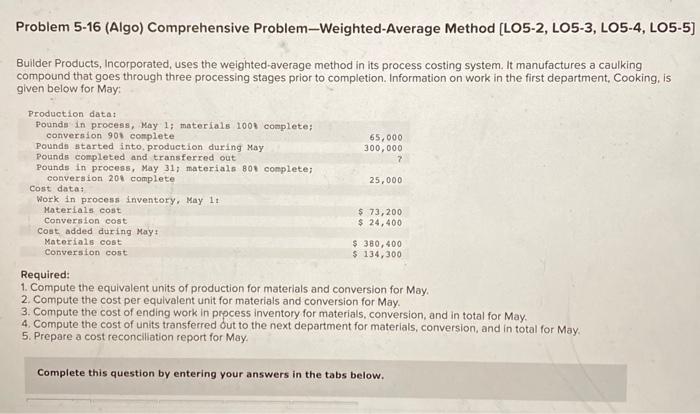  Problem 5-16 (Algo) Comprehensive Problem-Weighted-Average Method [LO5-2, LO5-3, LO5-4, LO5-5] Builder