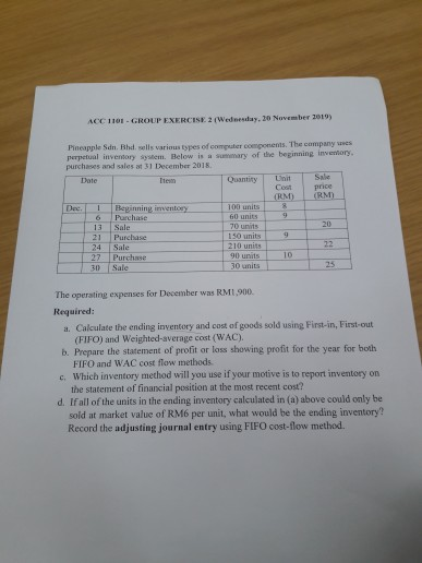  ACCHE GROUP EXERCISE 2 (Wednesday, 20 November 2019) Pineapple Sdn Bhd