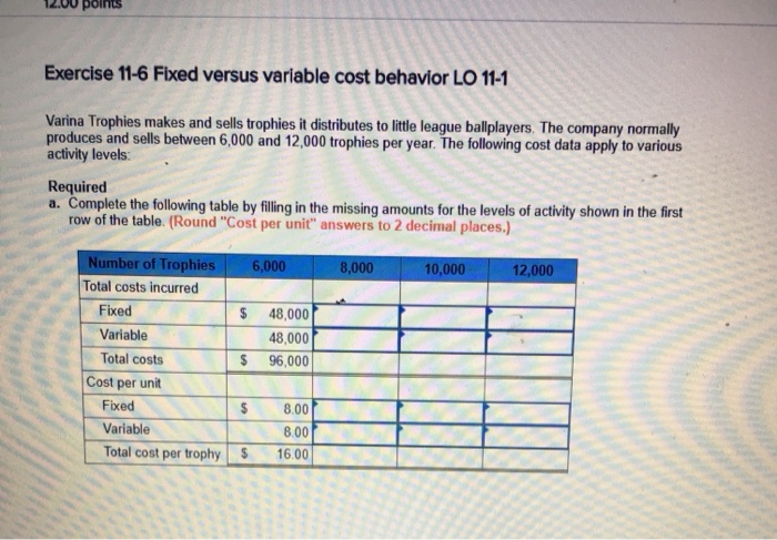  1200 polnts Exercise 11-6 Fixed versus variable cost behavior LO 11-1