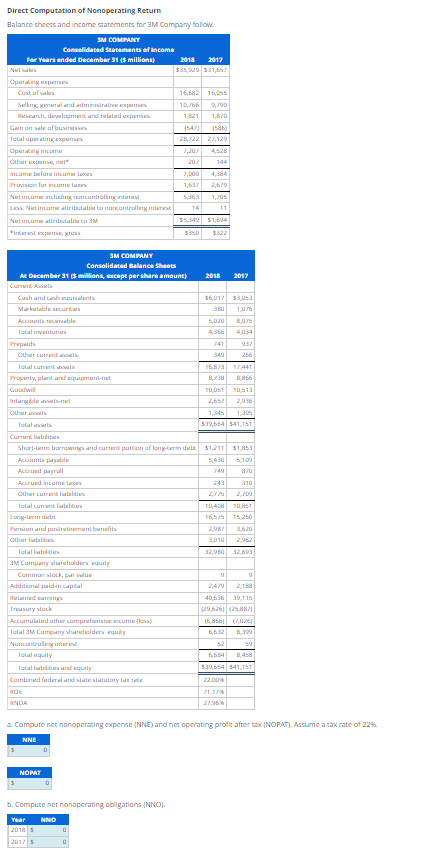  a. Compute net nonoperating expense (NNE) and net operating profit after