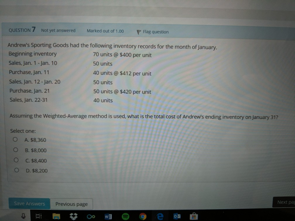 Beginning inventory Sales, Jan. 1 -Jan. 10 Purchase, Jan. 11 Sales, Jan.