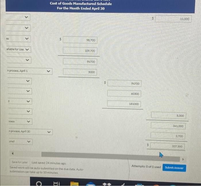 April 1 April 30 Raw materials inventory $11,000 $ 15,000 Work in