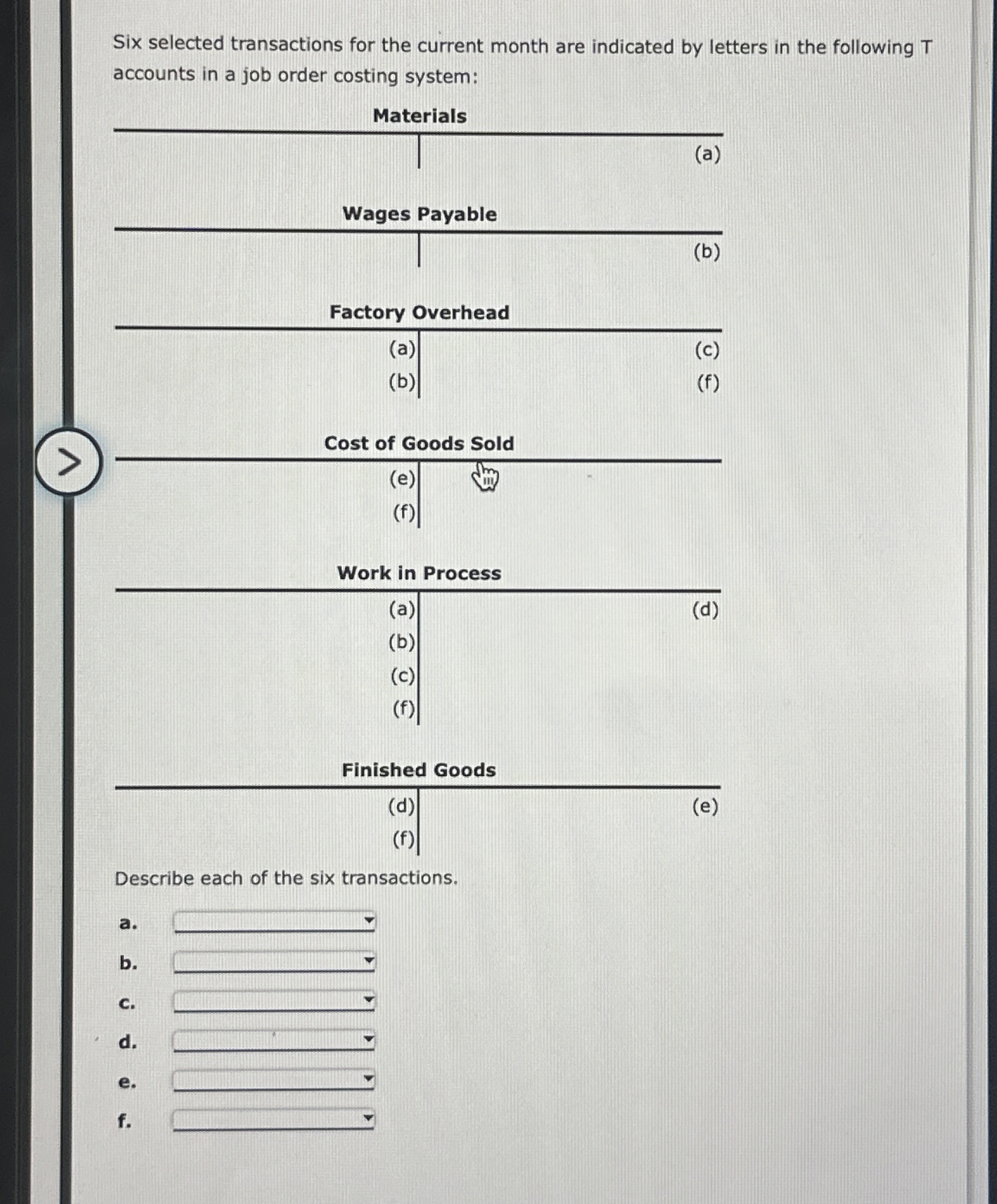  Six selected transactions for the current month are indicated by letters