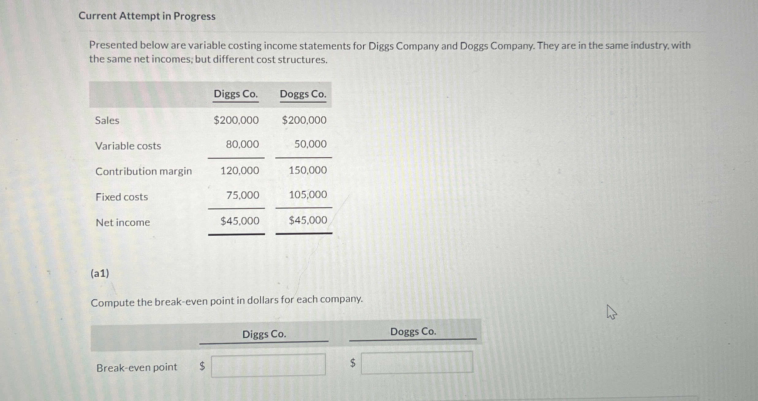  Current Attempt in Progress Presented below are variable costing income statements