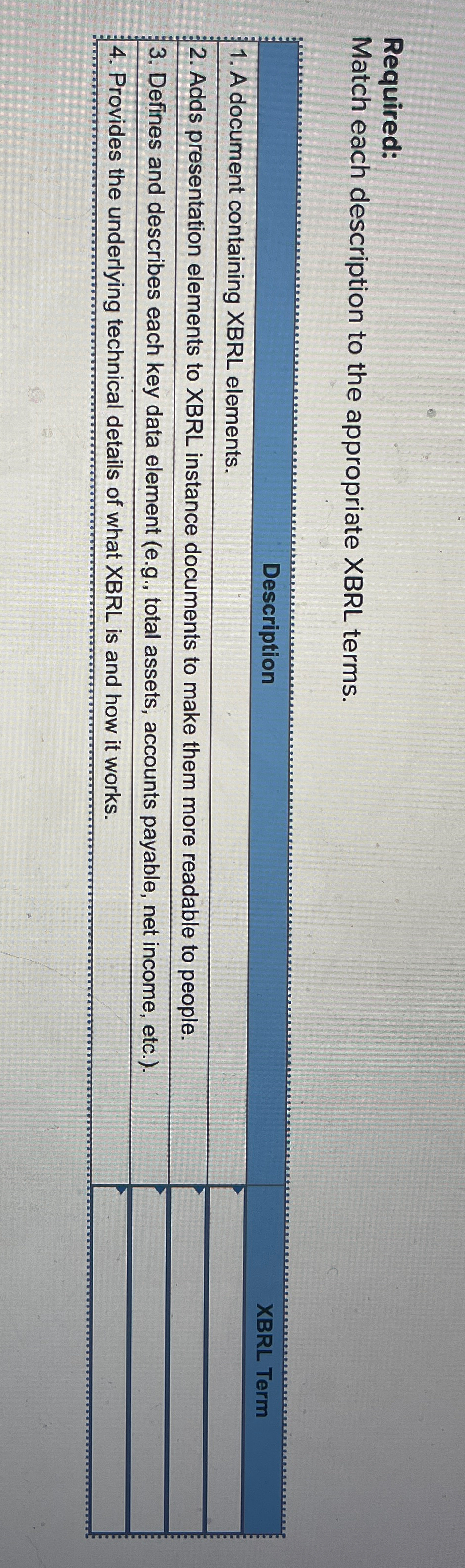  Required: Match each description to the appropriate XBRL terms. \table[[Description,XBRL Term],[1.