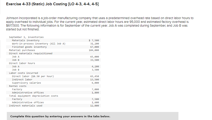  Exercise 4-33(Static) Job Costing [LO 4-3,4-4,4-5] Johnson Incorporated is a job-order