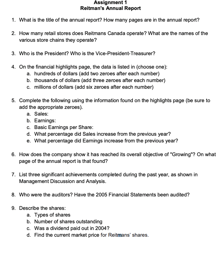 Complete the following assignment and submit your work. Download the Reitmans Canada