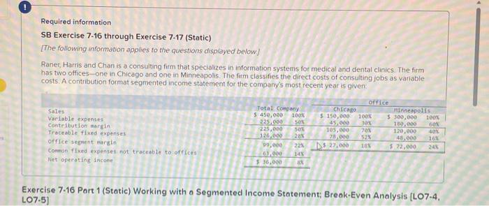 please help Required information SB Exercise 7-16 through Exercise 7-17 (Static) [The