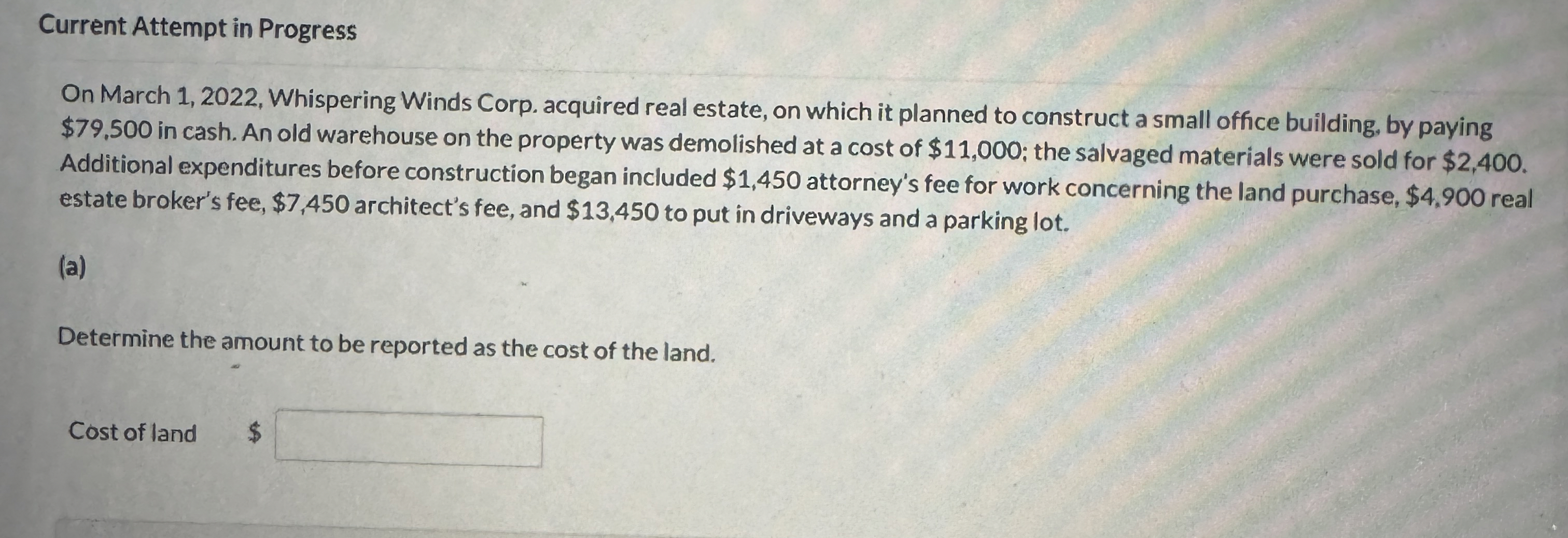  Current Attempt in Progress On March 1,2022, Whispering Winds Corp. acquired