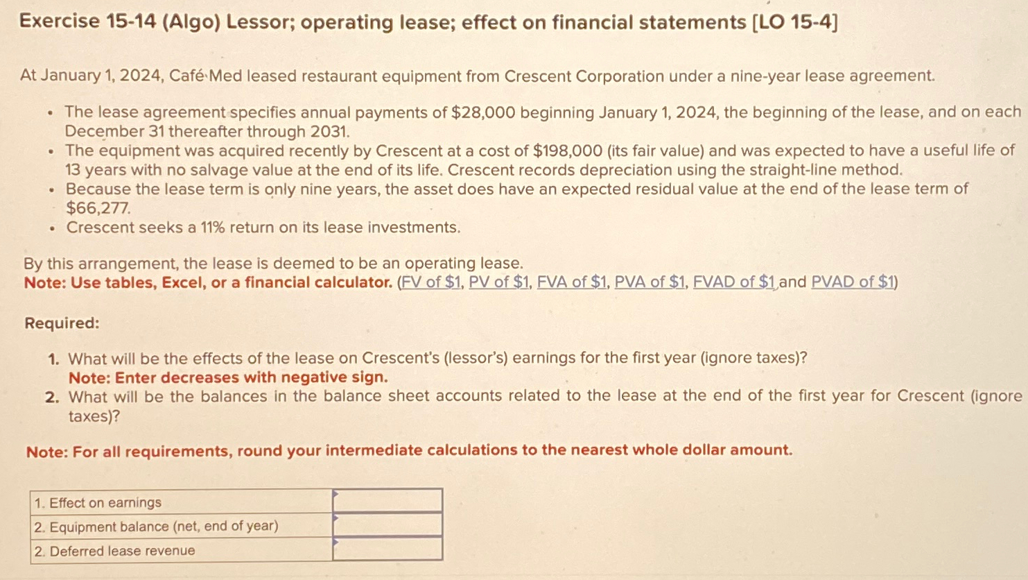  Exercise 15-14(Algo) Lessor; operating lease; effect on financial statements [LO 15-4]
