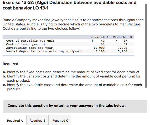 Exercise 13-3A (Algo) Distinction between avoidable costs and cost behavior LO
