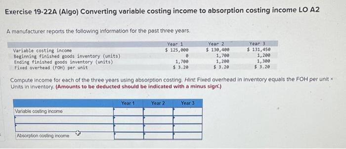  Exercise 19-22A (Algo) Converting variable costing income to absorption costing income