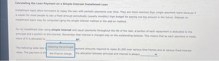 please help, will like! Calculating the Loan Payment on a Simple-Interest Installment