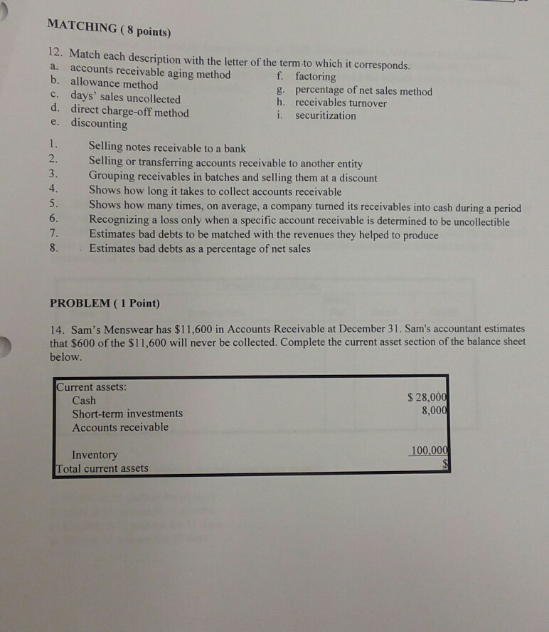 MATCHING (8 points) 12. Match each description with the letter of