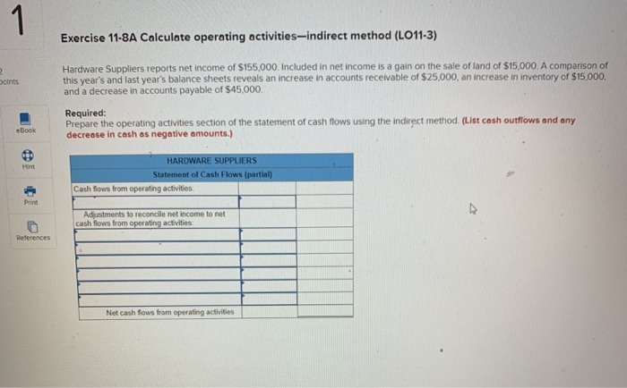  Exercise 11-8A Calculate operating activities-indirect method (LO11-3) Hardware Suppliers reports net