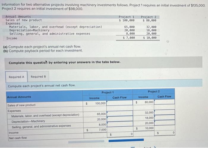 please answer all parts Information for two alternative projects involving machinery investments