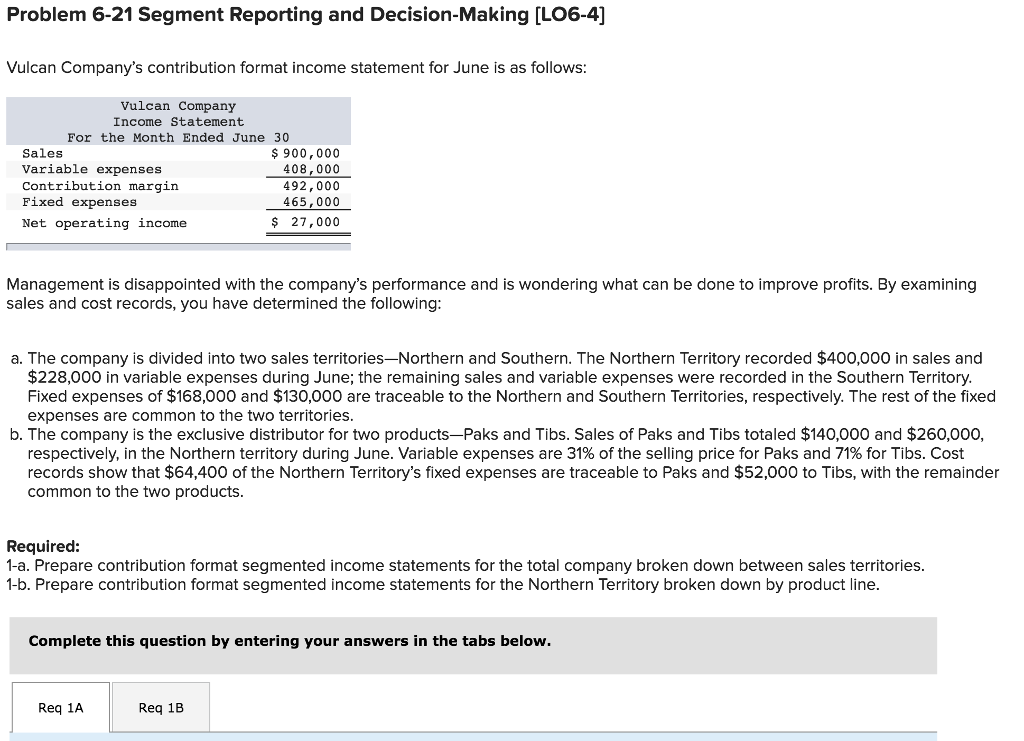Help Solve! Problem 6-21 Segment Reporting and Decision-Making [LO6-4] Vulcan Company's contribution