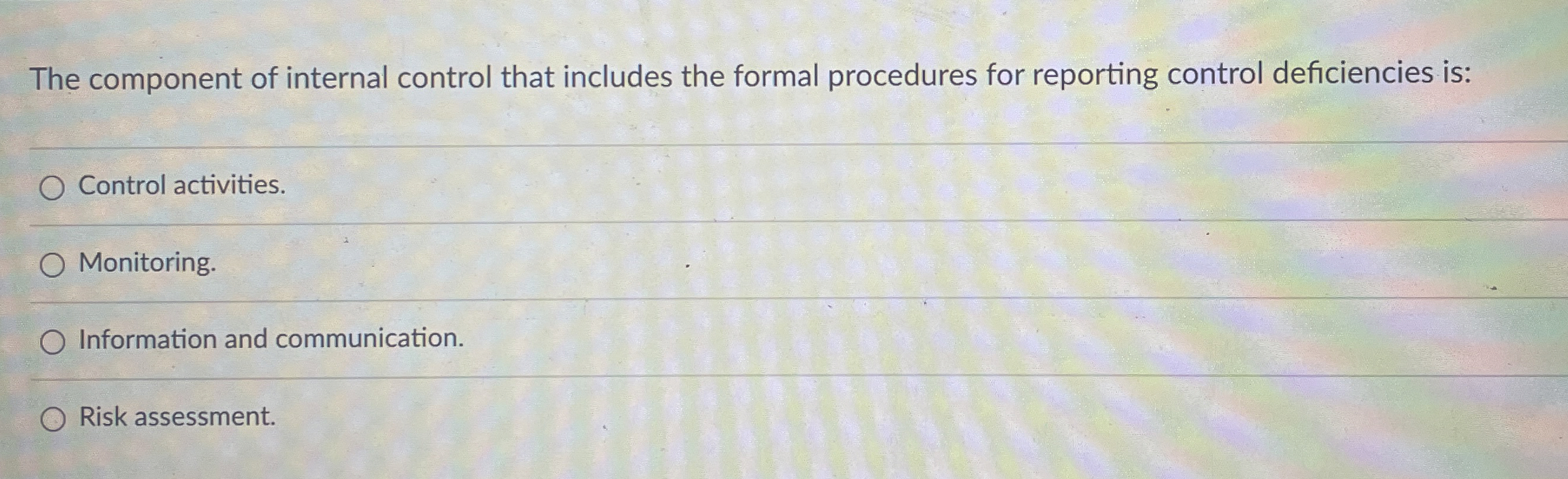  The component of internal control that includes the formal procedures for