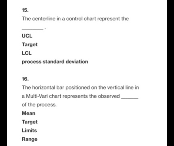  15. The centerline in a control chart represent the UCL Target