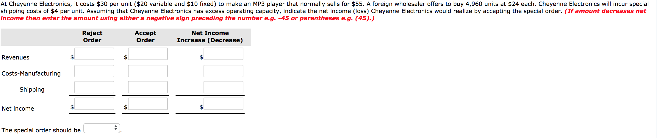 At Cheyenne Electronics, it costs $30 per unit ($20 variable and