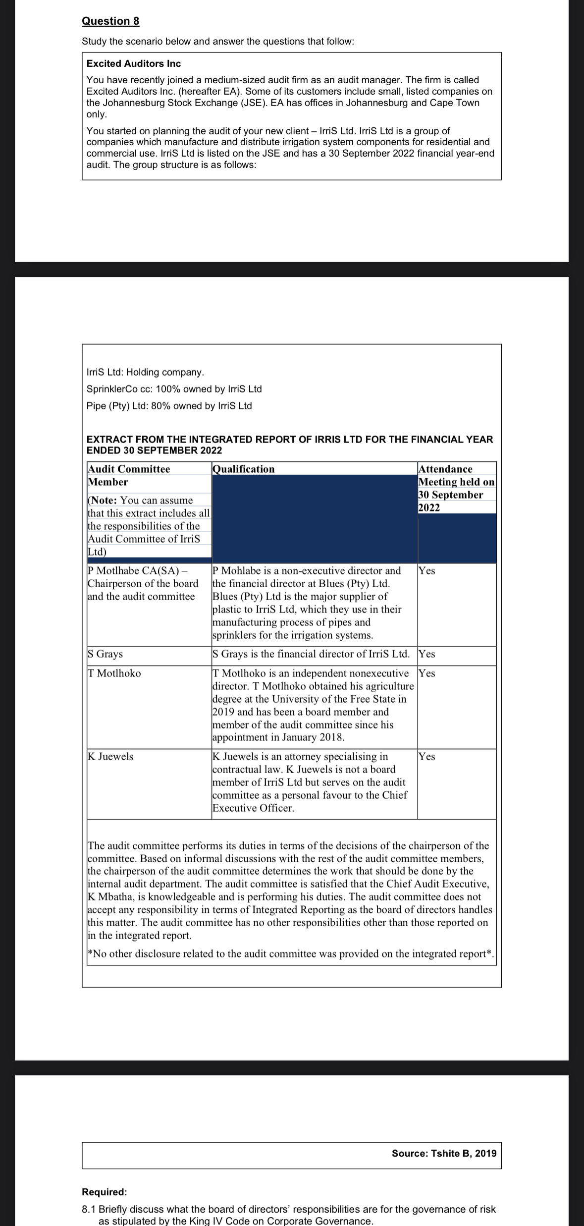  Question 8 Study the scenario below and answer the questions that