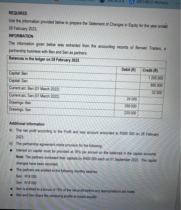  REQUIRED Use the information provided below to prepare the Statement of