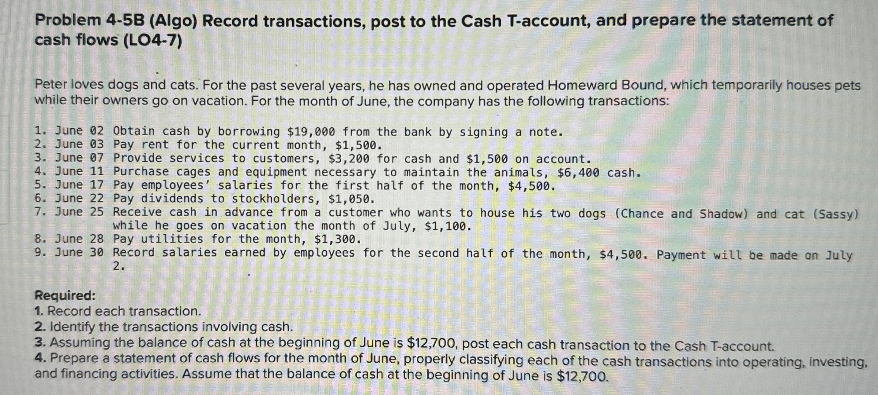  Problem 4-5B (Algo) Record transactions, post to the Cash T-account, and