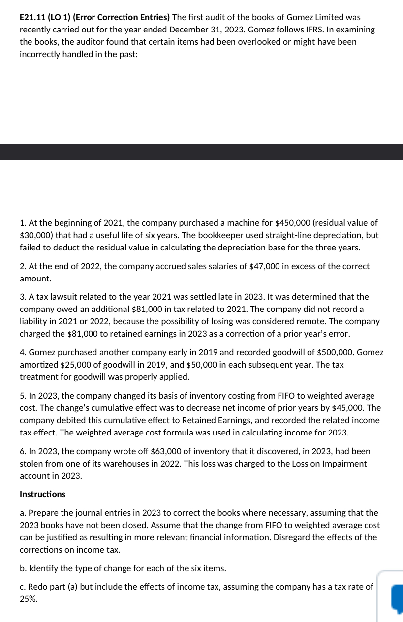  E21.11(LO 1)(Error Correction Entries) The first audit of the books of