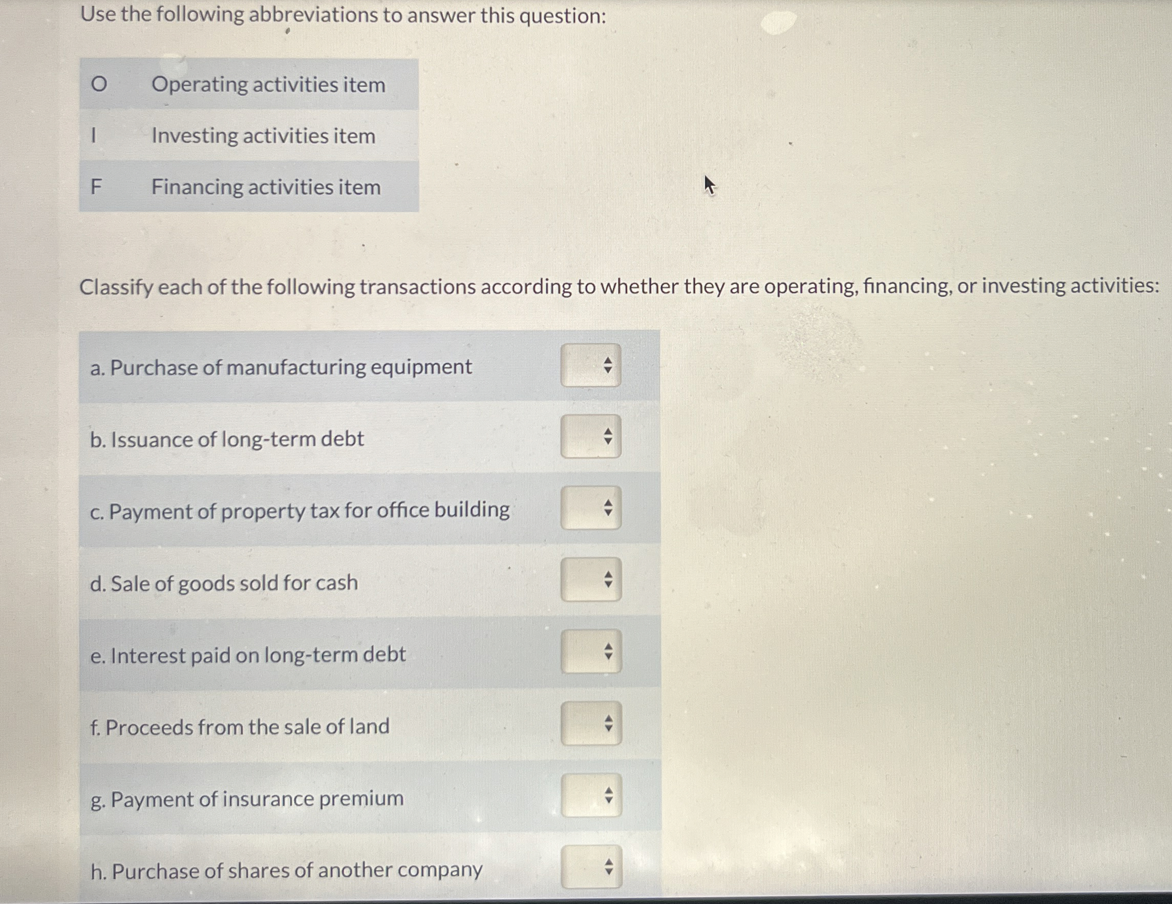  Use the following abbreviations to answer this question: \table[[0,Operating activities item],[I,Investing