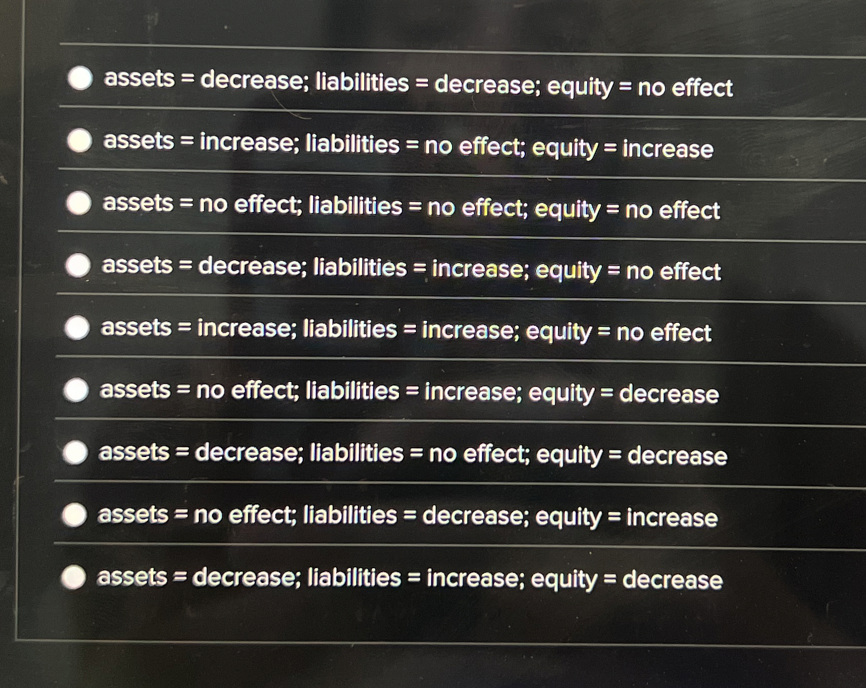  assets = decrease; liabilities = decrease; equity = no effect assets