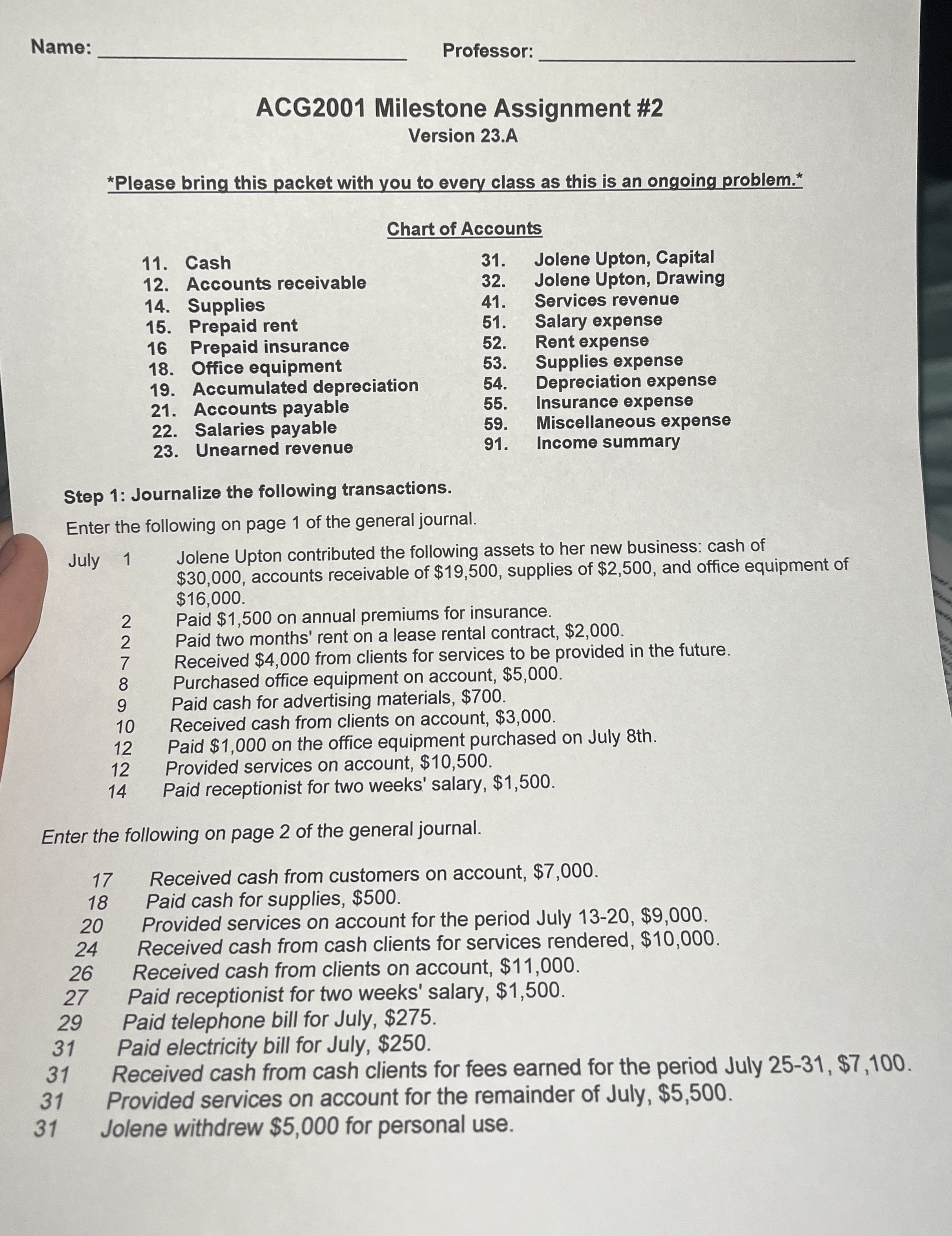  ACG2001 Milestone Assignment #2 Version 23.A Chart of Accounts 11. Cash