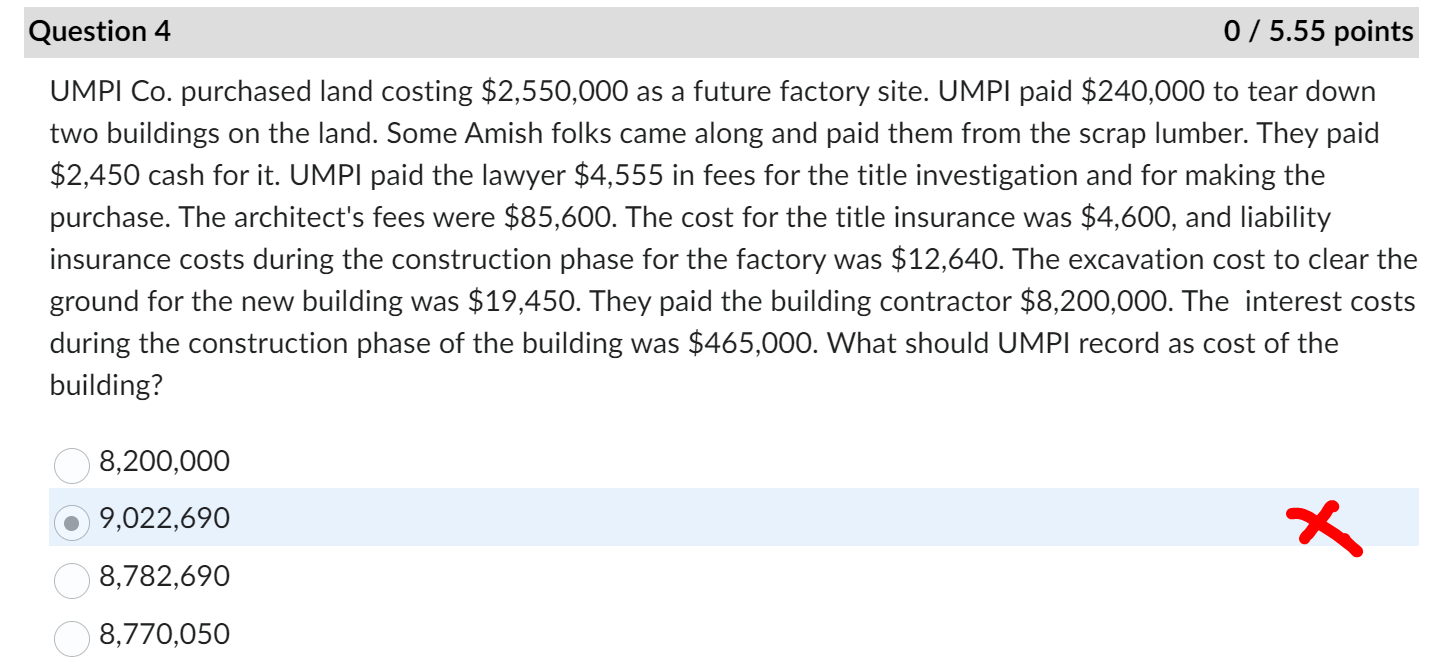  Question 4 05.55 points UMPI Co. purchased land costing $2,550,000 as