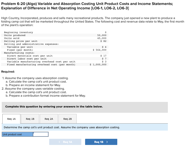  Problem 6-20(Algo) Variable and Absorption Costing Unit Product Costs and Income