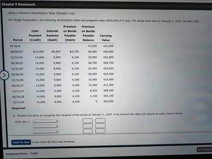  Using a Premium Amortization Table (Straight Line) For Dingle Corporation, the